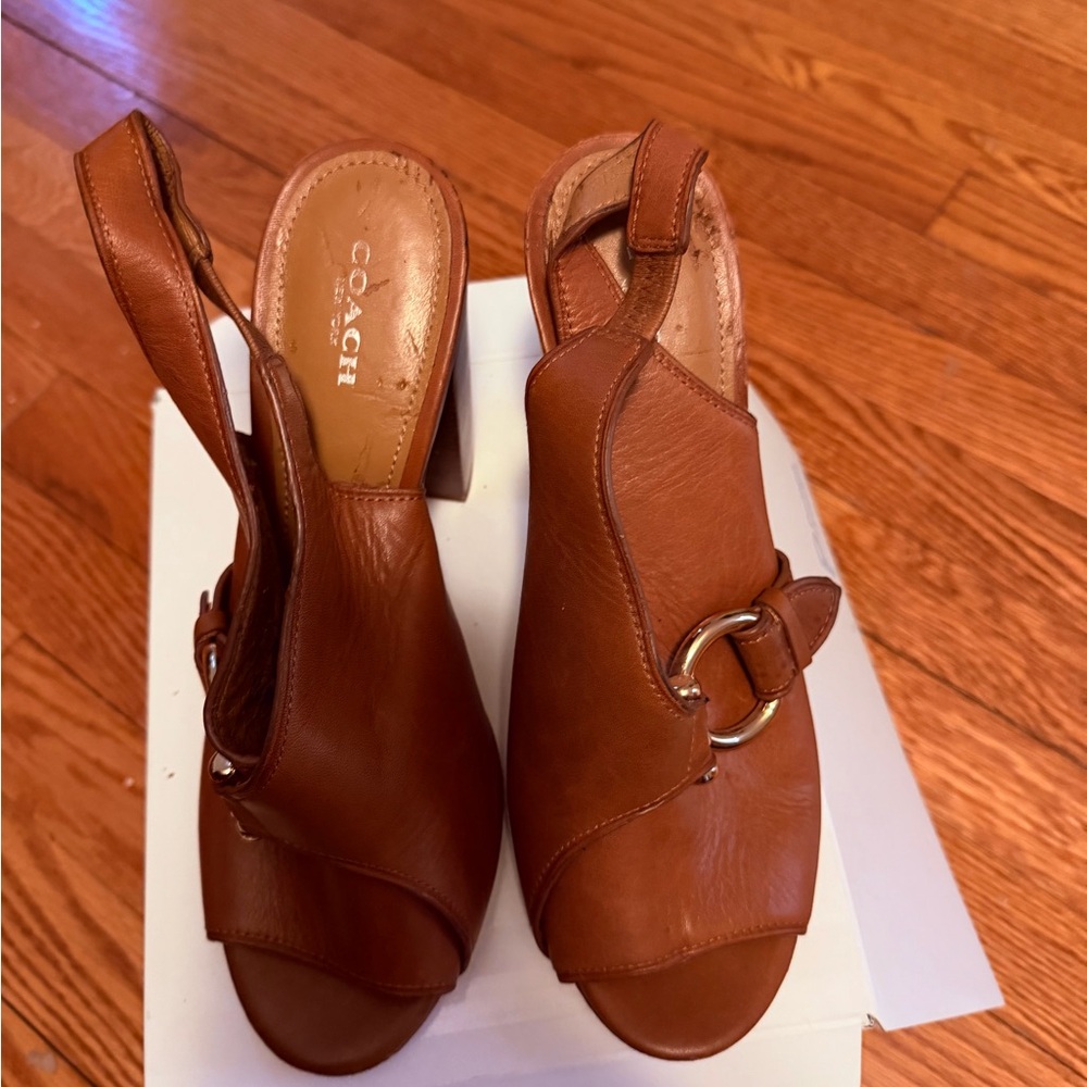 Coach Tan Leather Open-Toe Slingback Heeled Mules